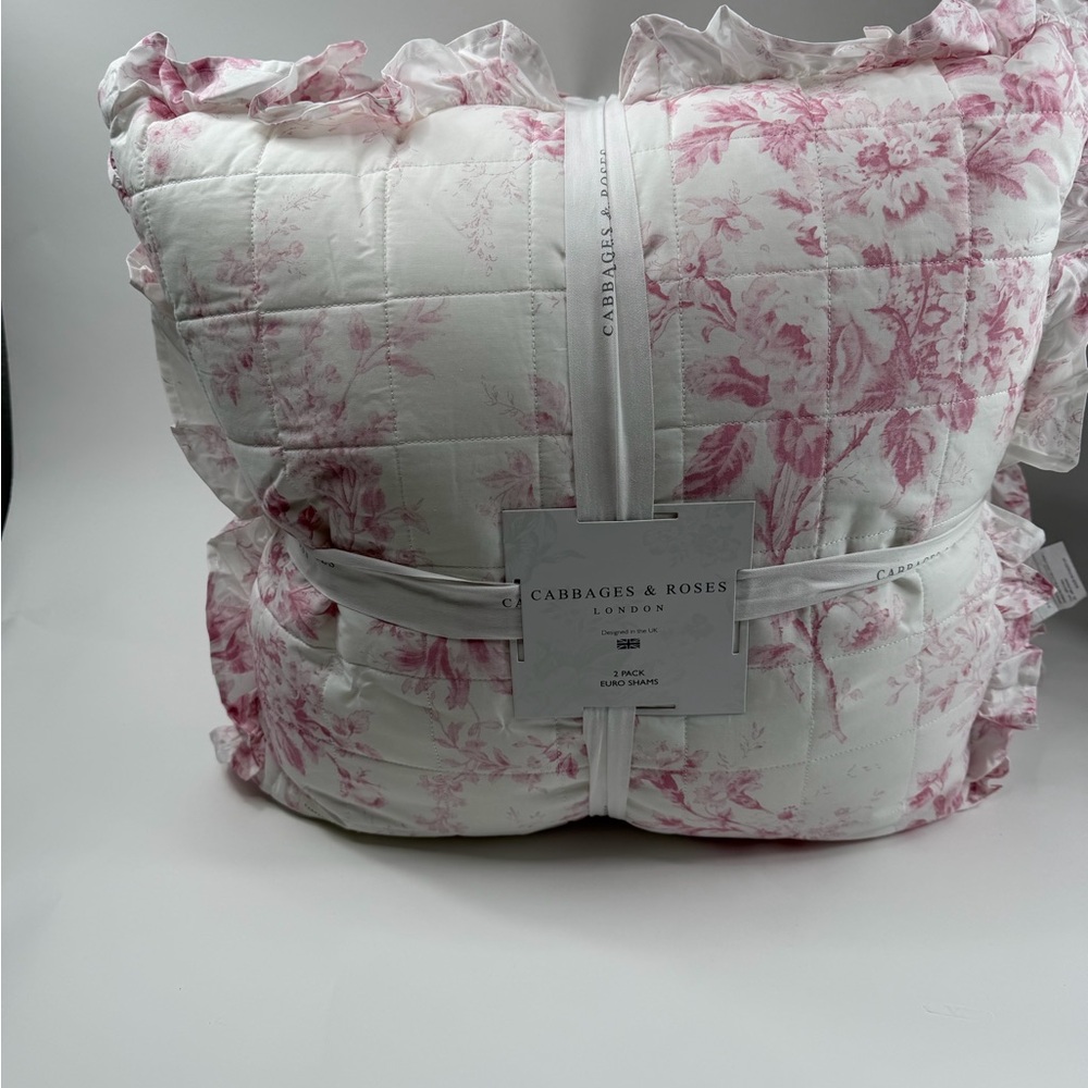 2 Elegant Pink Floral Euro Shams Ruffles Cabbages & Roses London ~ Raspberry - Picture 5 of 16